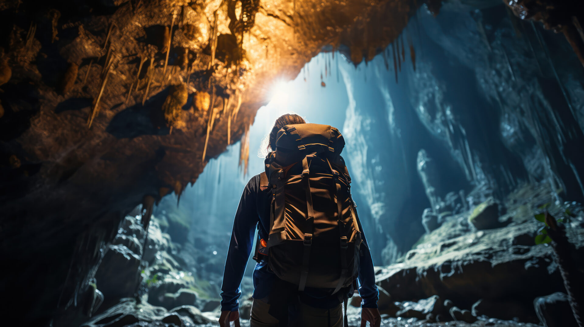Spéléologie - aventurière au fond d'une cavité Via ferrata dans les Gorges du Tarn